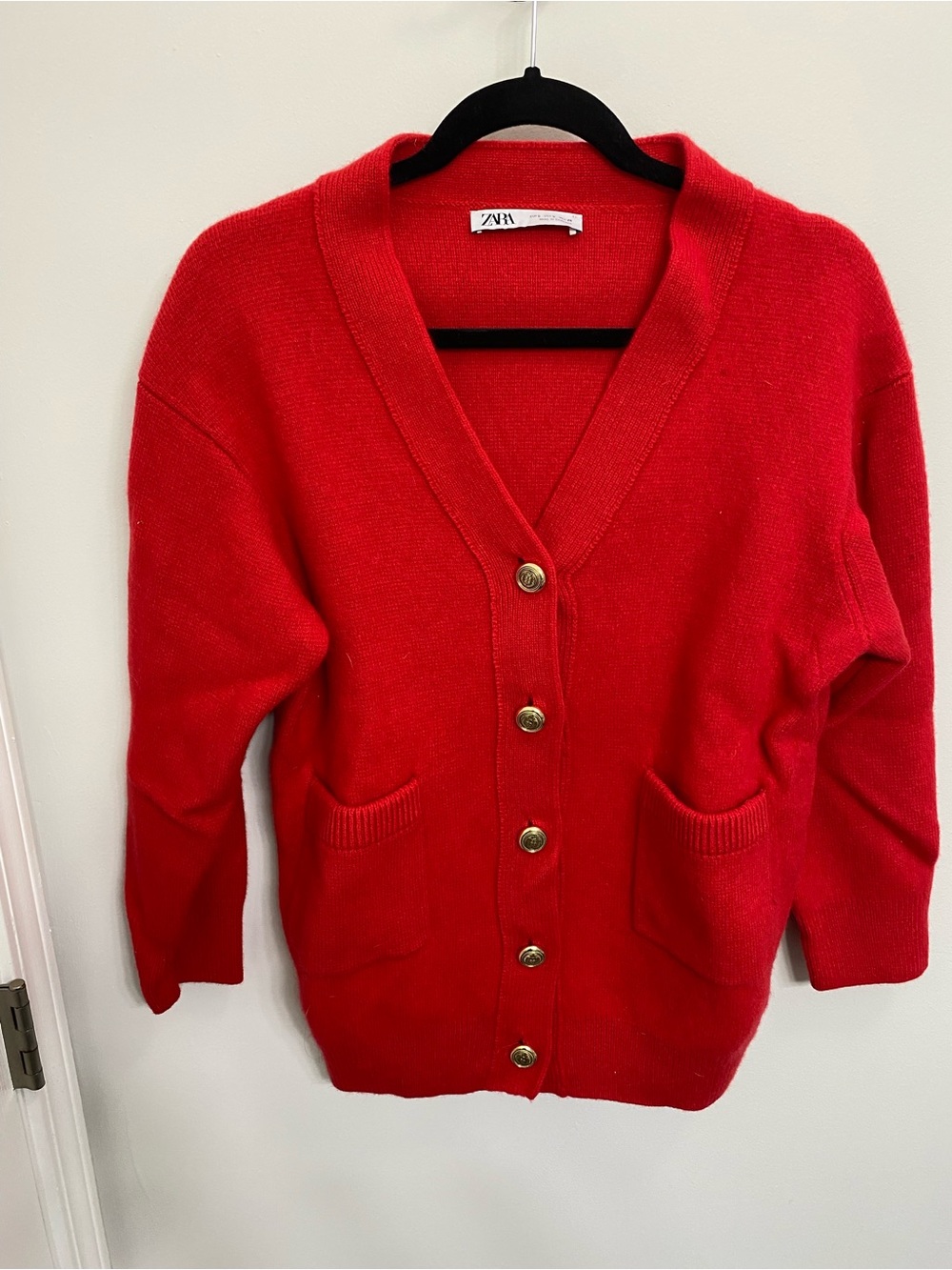 Zara Bright Red V-Neck Button-Front Cardigan with Pockets